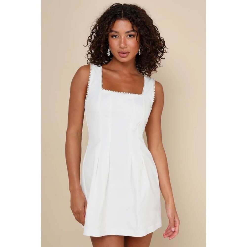 Lulus Women's Pure Hearted Pearl Square Neck Mini Dress Size L White Sleeveless